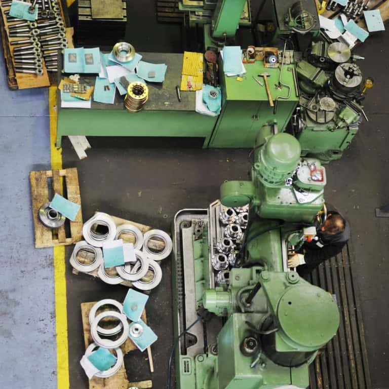 An overhead view of a machine in a factory.